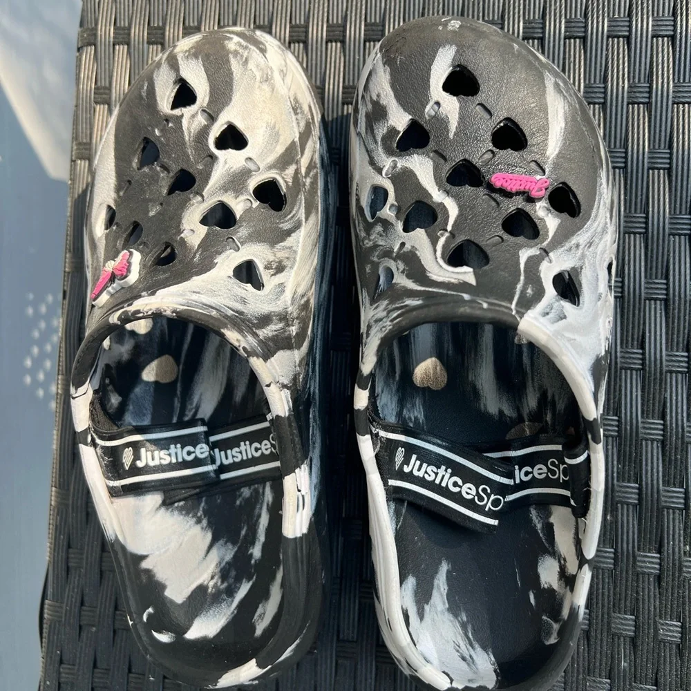 Justice Black & White Marbled Heart Vent Clogs with Pink Logo